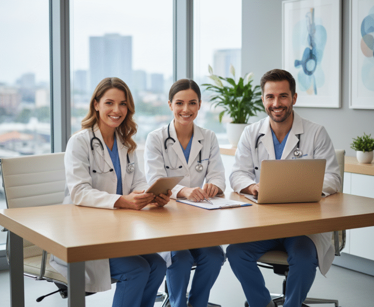 doctor smiling desk office, medical team working, clinic professional