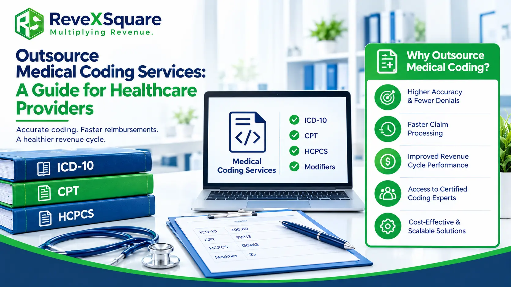 Outsource medical coding services for healthcare providers, featuring medical coding books, claim documents, and digital coding tools by Revex Square.